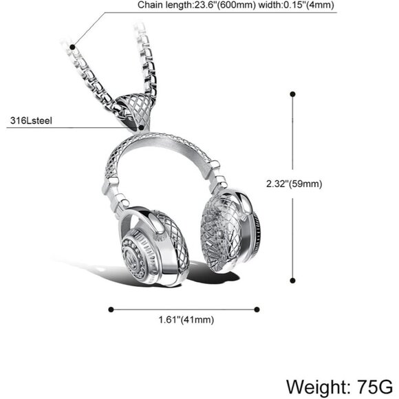 New Black Stainless Steel Headphone Pendant Necklace for Men | DJ Music Gift - Picture 2 of 2
